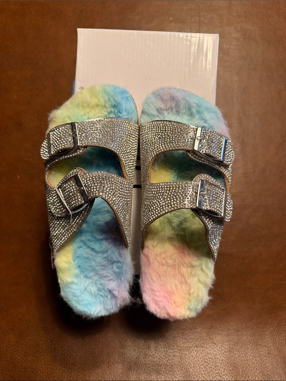 Olivia Miller Silver Rhinestone Buckle Slides with Pastel Rainbow Fur
